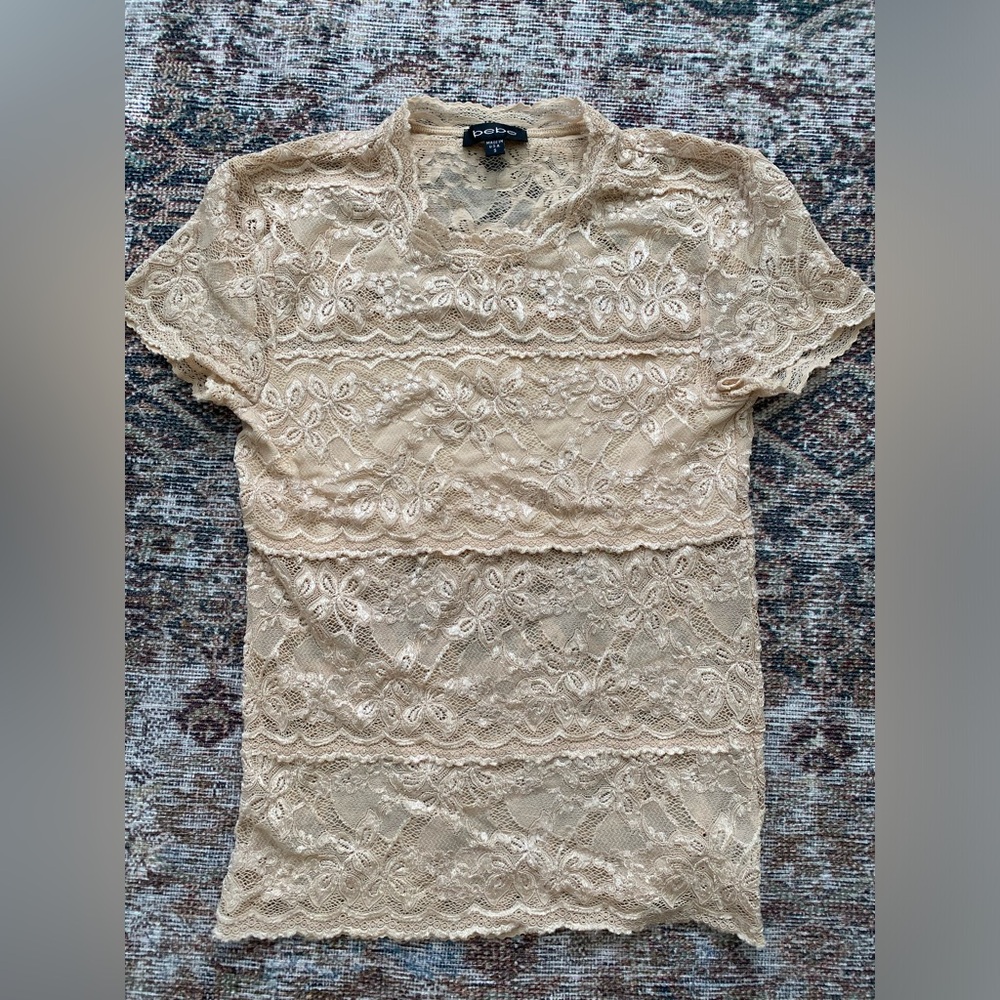 Bebe Tan Lace Sheer Short Sleeve Top